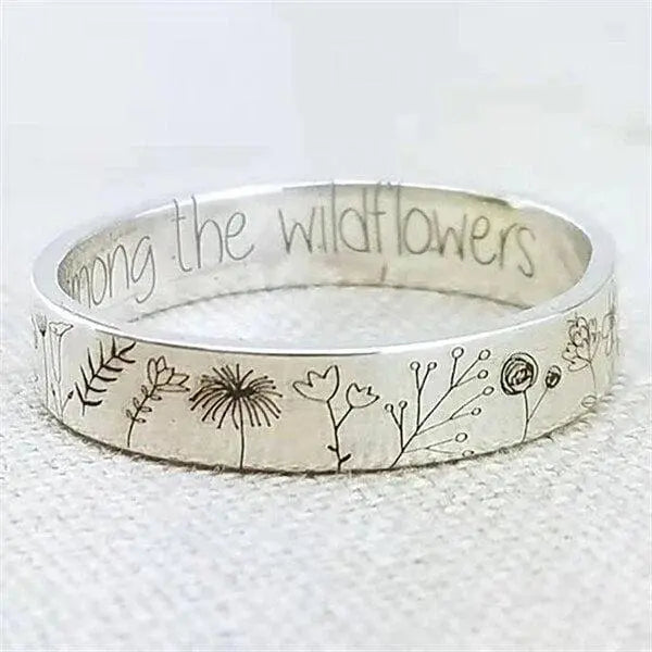 Floral Engraved Silver Tone Ring with Hidden Message