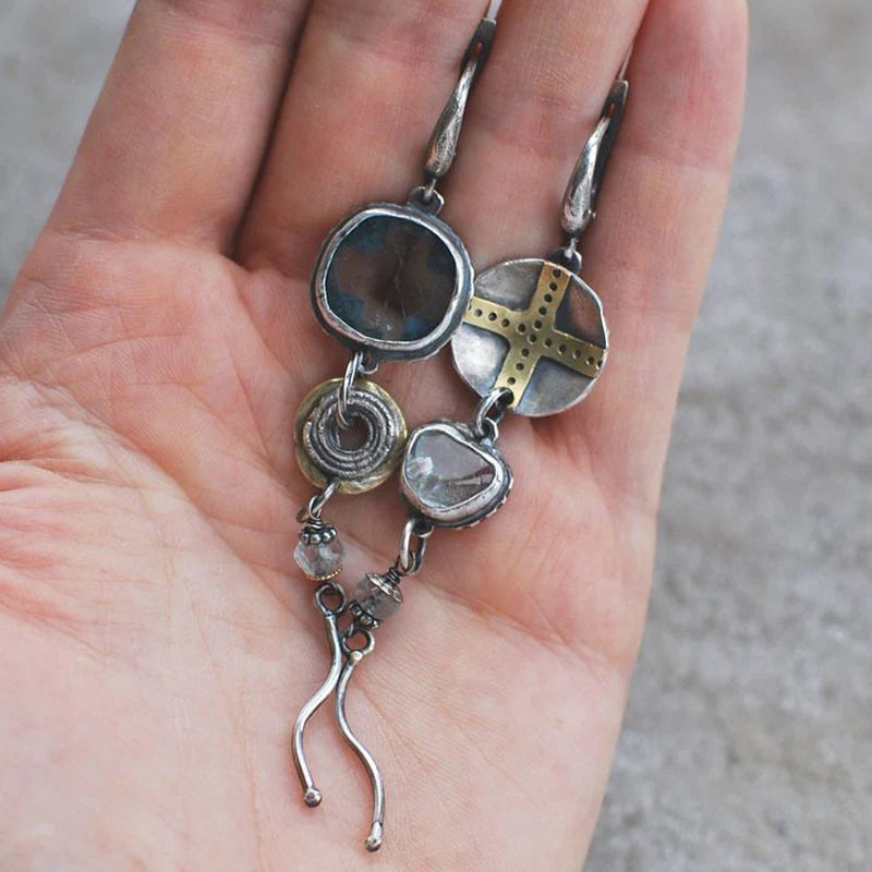 Blue Stone Cross Drop Earrings in Mixed Metal Style