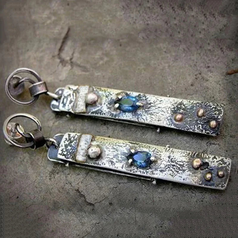 Blue Stone Artisan Earrings with Textured Silver Tone