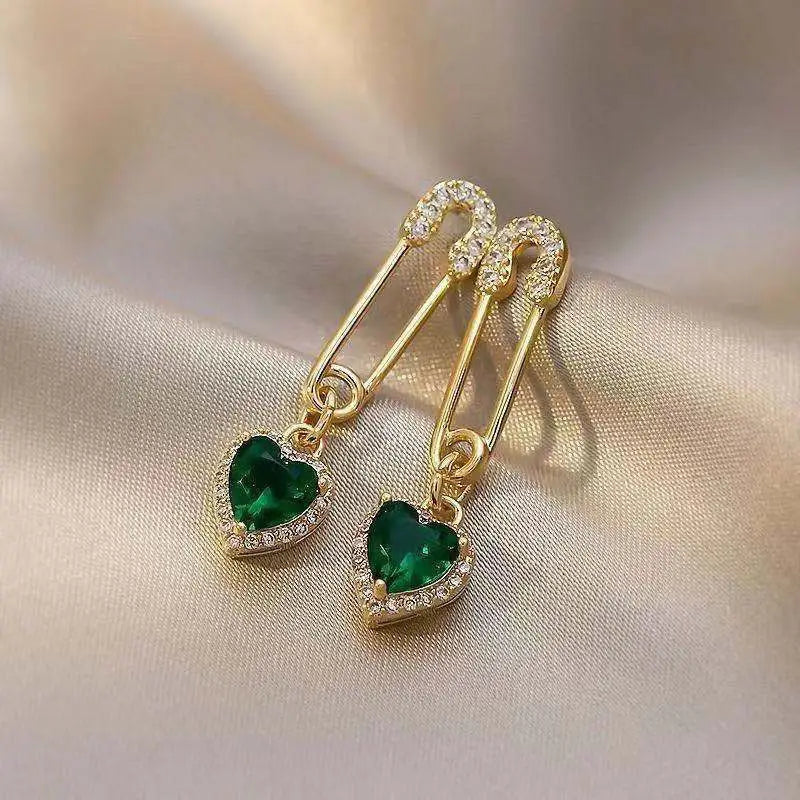 Gold Safety Pin Earrings with Emerald Heart Crystals
