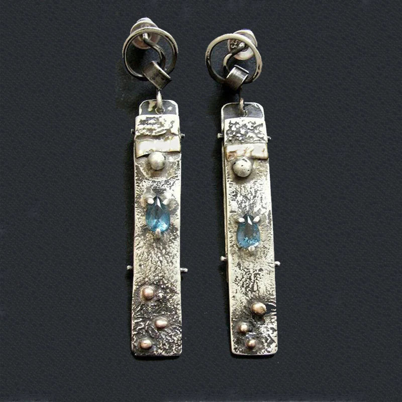 Blue Stone Artisan Earrings with Textured Silver Tone