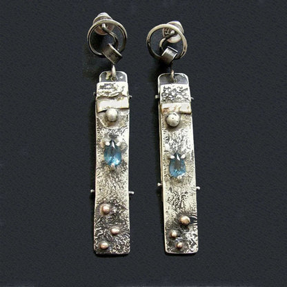 Blue Stone Artisan Earrings with Textured Silver Tone