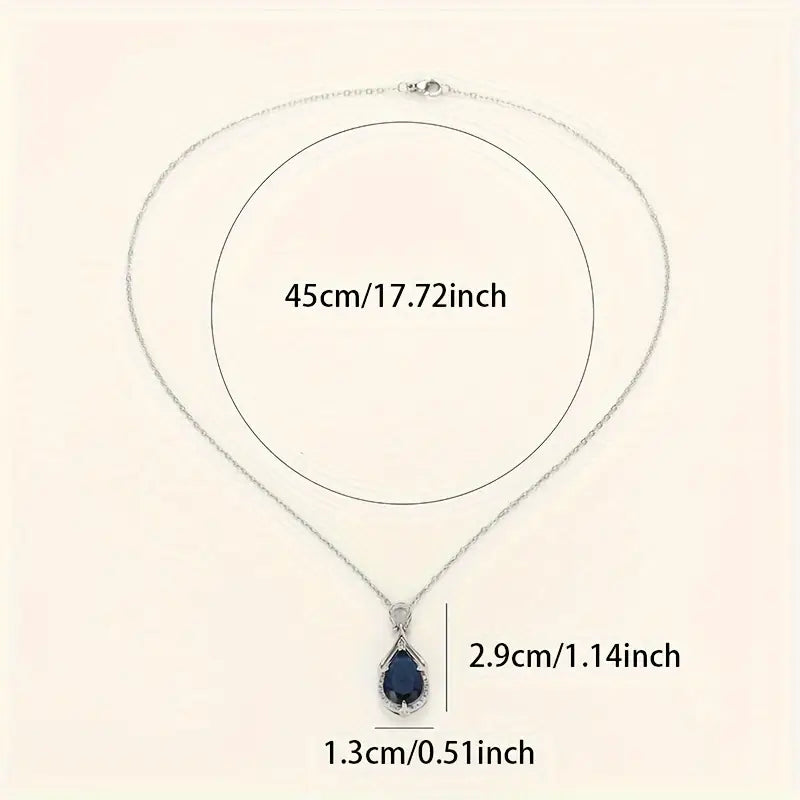 Teardrop Blue Crystal Pendant Necklace with Silver Accents