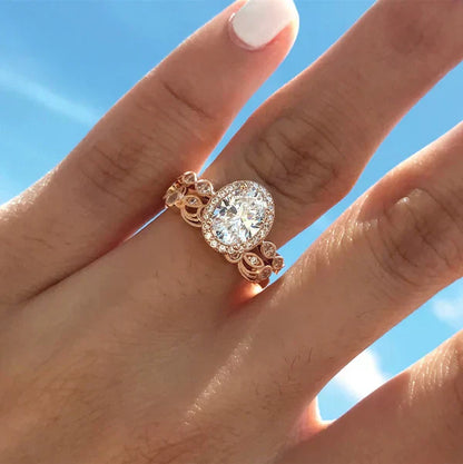 Vintage Rose Gold Halo Ring Set with Oval Crystal