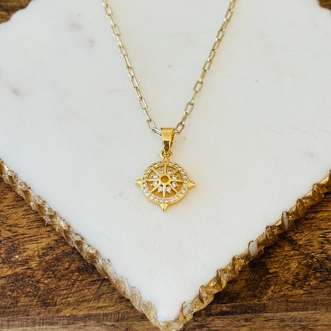 Compass Pendant Necklace in Gold with Sparkling Accents
