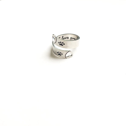 Twisted Heart and Paw Print Ring with Forever Love Inscription