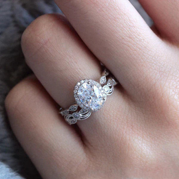 Vintage Rose Gold Halo Ring Set with Oval Crystal