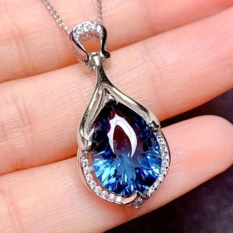 Teardrop Blue Crystal Pendant Necklace with Silver Accents