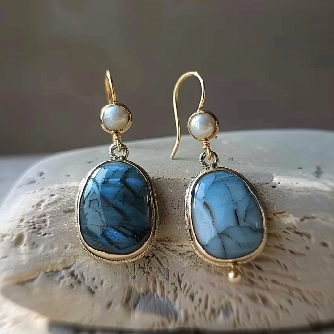 Golden Drop Earrings with Blue Stone and Pearl