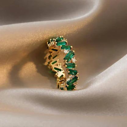 Emerald Green Eternity Band Ring in Gold Tone