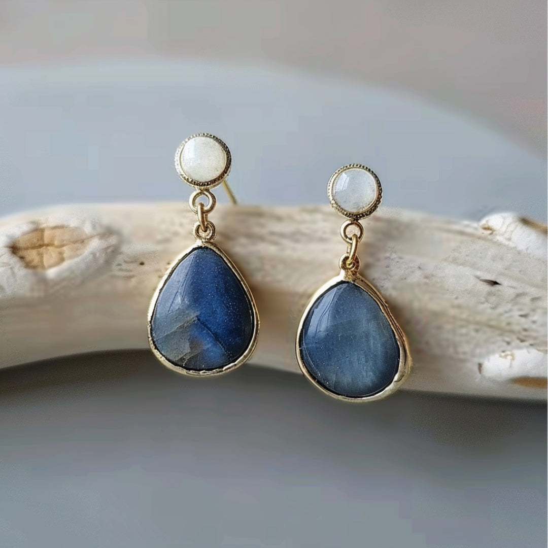 Blue Teardrop Drop Earrings with Moonstone Accents in Gold