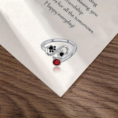 Paw Print Infinity Ring with Red Gem and Zirconia Accents