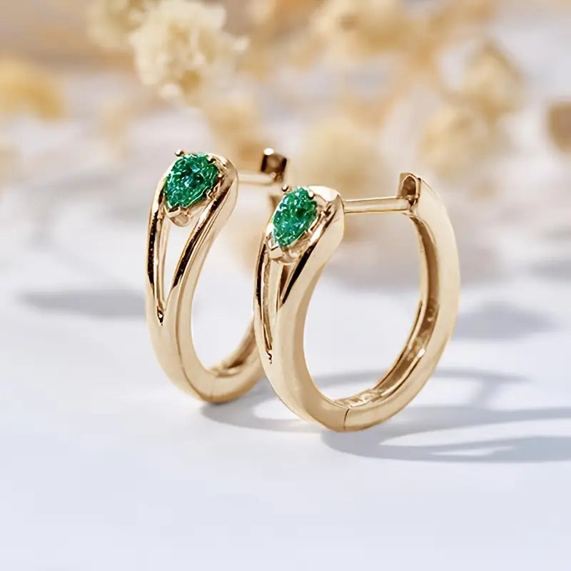 Green Gem Hoop Earrings in Gold Tone