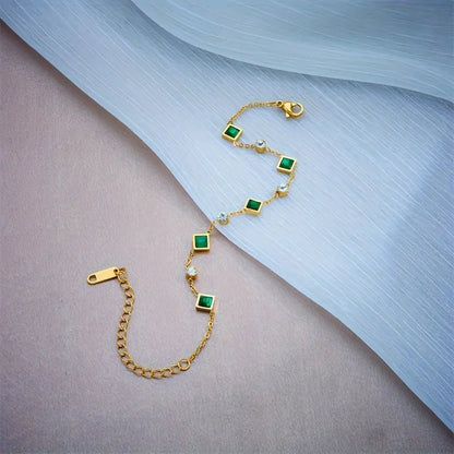 Emerald Green Square and Crystal Gold-Tone Bracelet