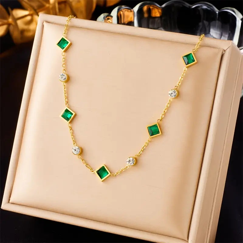 Green Gem and Crystal Gold-Tone Necklace