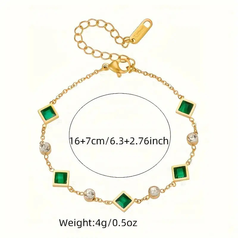Emerald Green Square and Crystal Gold-Tone Bracelet