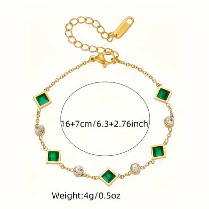 Emerald Green Square and Crystal Gold-Tone Bracelet