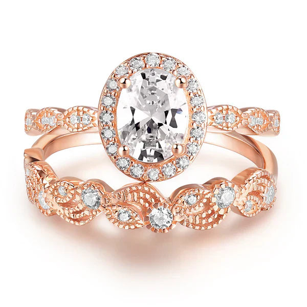 Vintage Rose Gold Halo Ring Set with Oval Crystal