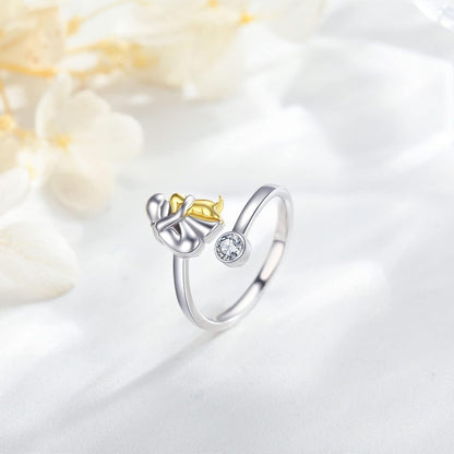 Woman and Dog Embrace Ring in Silver and Gold Tone with Crystal Accent