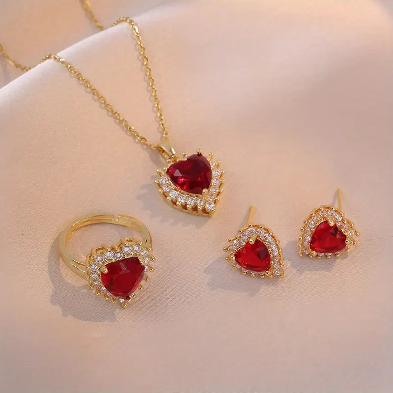 Heart Red Gem Necklace, Ring &amp; Earrings Set in Gold