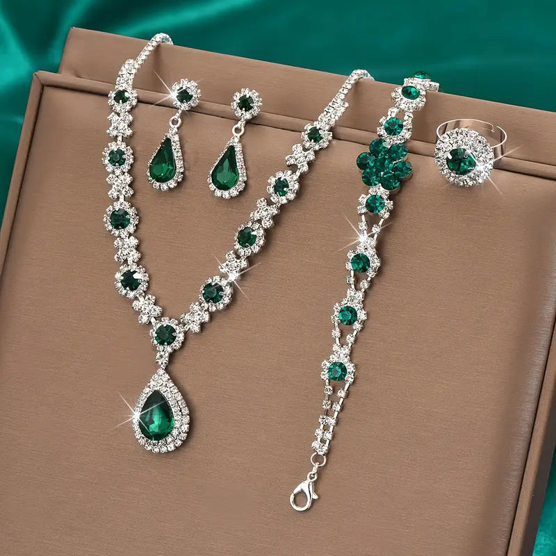 Emerald Teardrop &amp; Blossom Jewelry Set