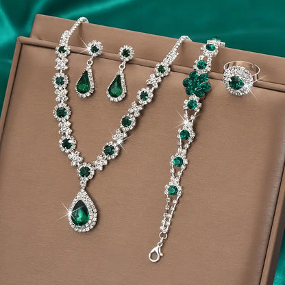 Emerald Teardrop &amp; Blossom Jewelry Set