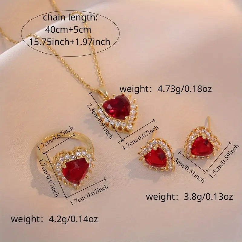 Heart Red Gem Necklace, Ring &amp; Earrings Set in Gold