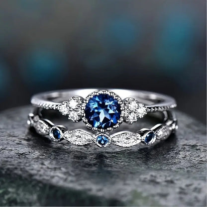Vintage Sapphire Blue Crystal Ring Set with Delicate Accents