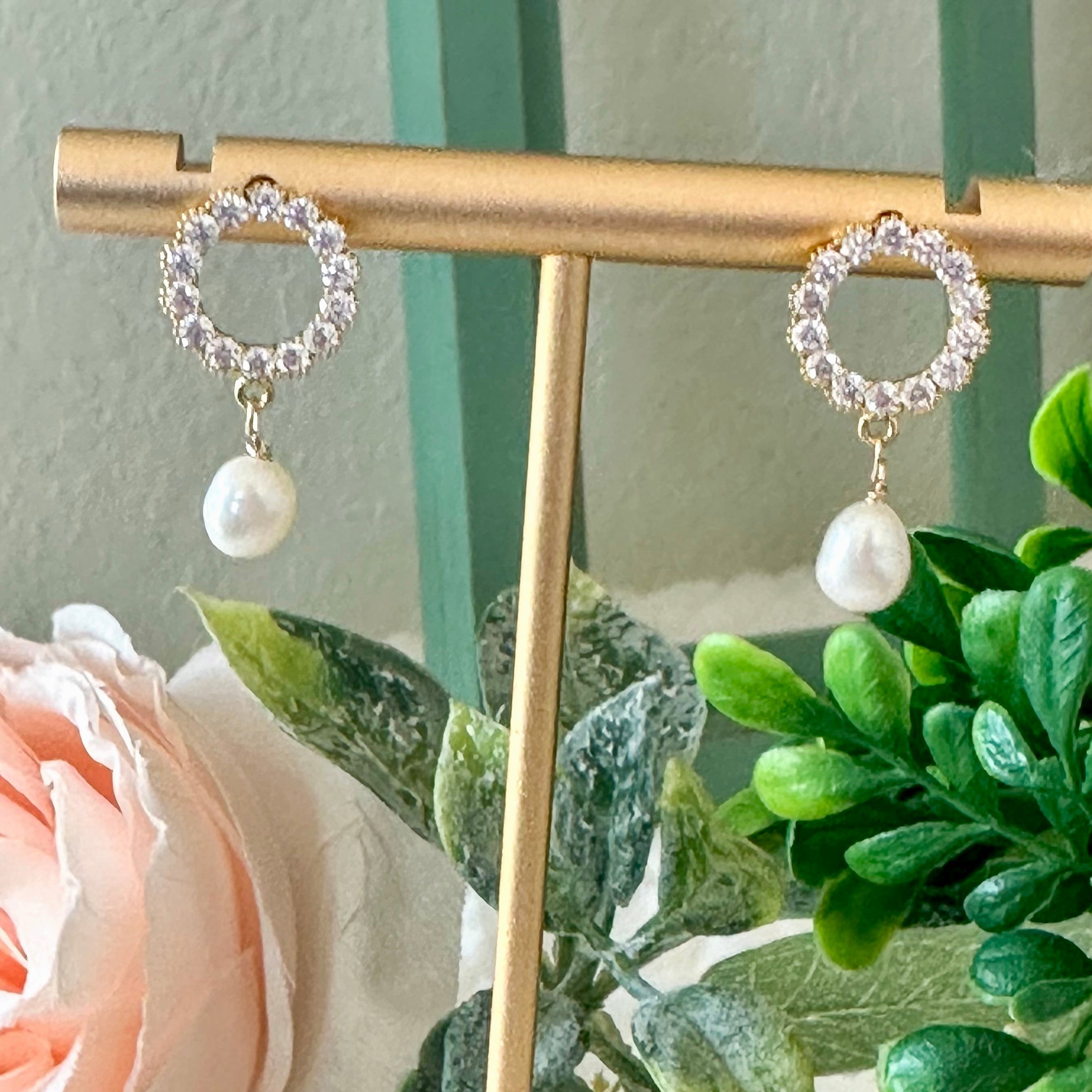 Open Circle Pearl Drop Earrings with Crystal Accents