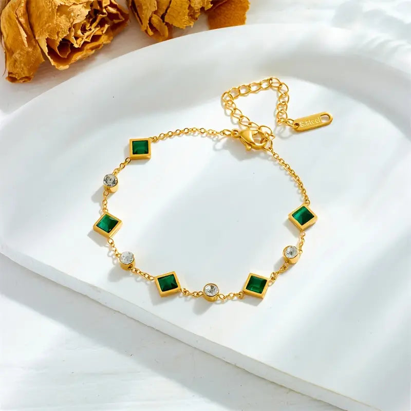Emerald Green Square and Crystal Gold-Tone Bracelet
