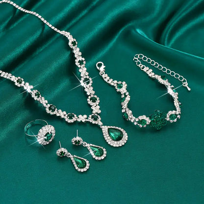 Emerald Teardrop &amp; Blossom Jewelry Set