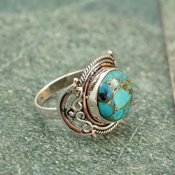 Boho Turquoise Statement Ring with Vintage Silver Filigree