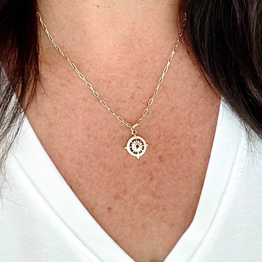 Compass Pendant Necklace in Gold with Sparkling Accents