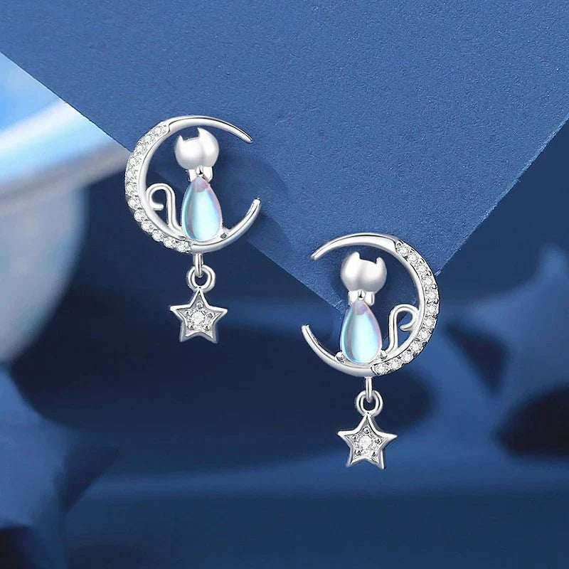 Moon &amp; Star Cat Earrings with Opal Glow