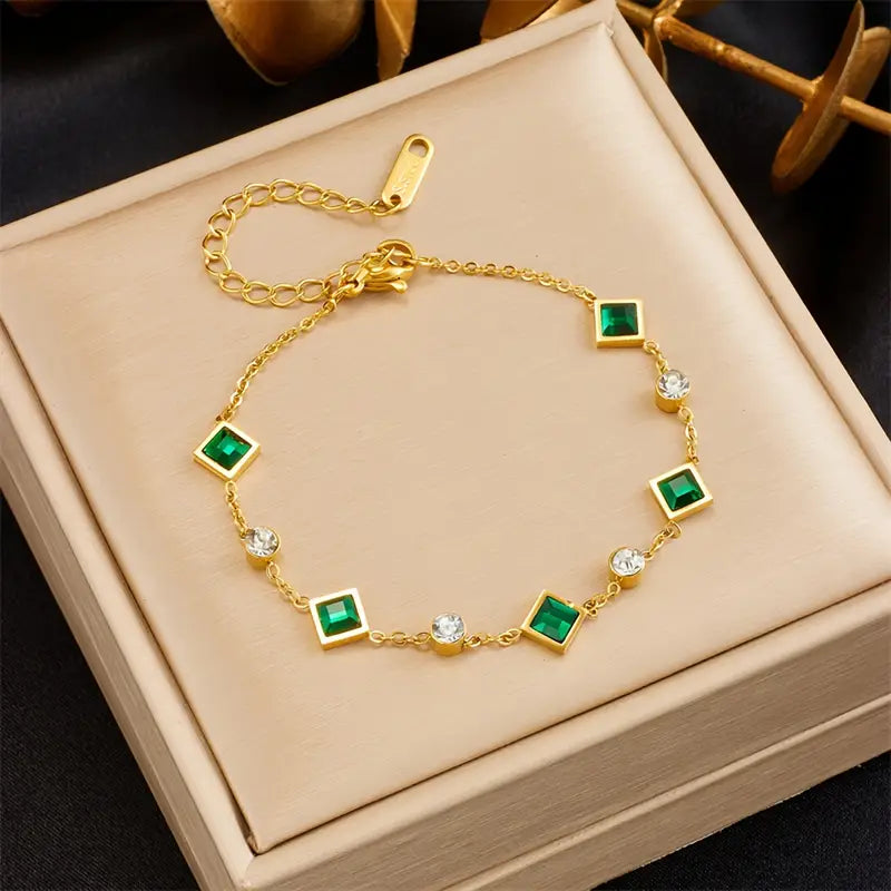 Emerald Green Square and Crystal Gold-Tone Bracelet