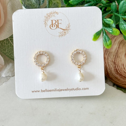 Open Circle Pearl Drop Earrings with Crystal Accents