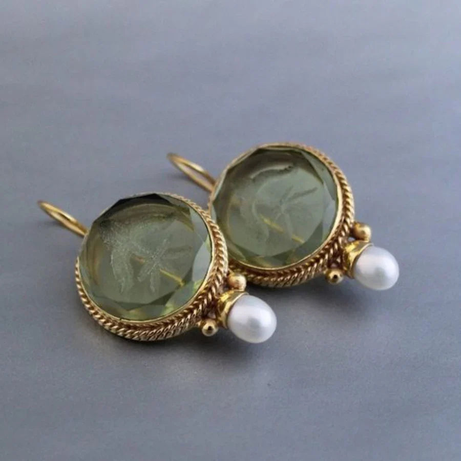 Vintage Green Glass Earrings with Pearl Drop in Gold