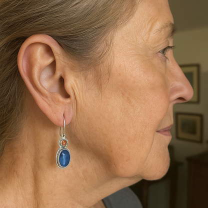 Vintage Blue and Amber Oval Drop Earrings