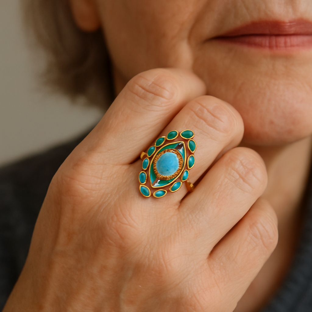 Vintage Gold Opal Ring with Blue Crystal Accents