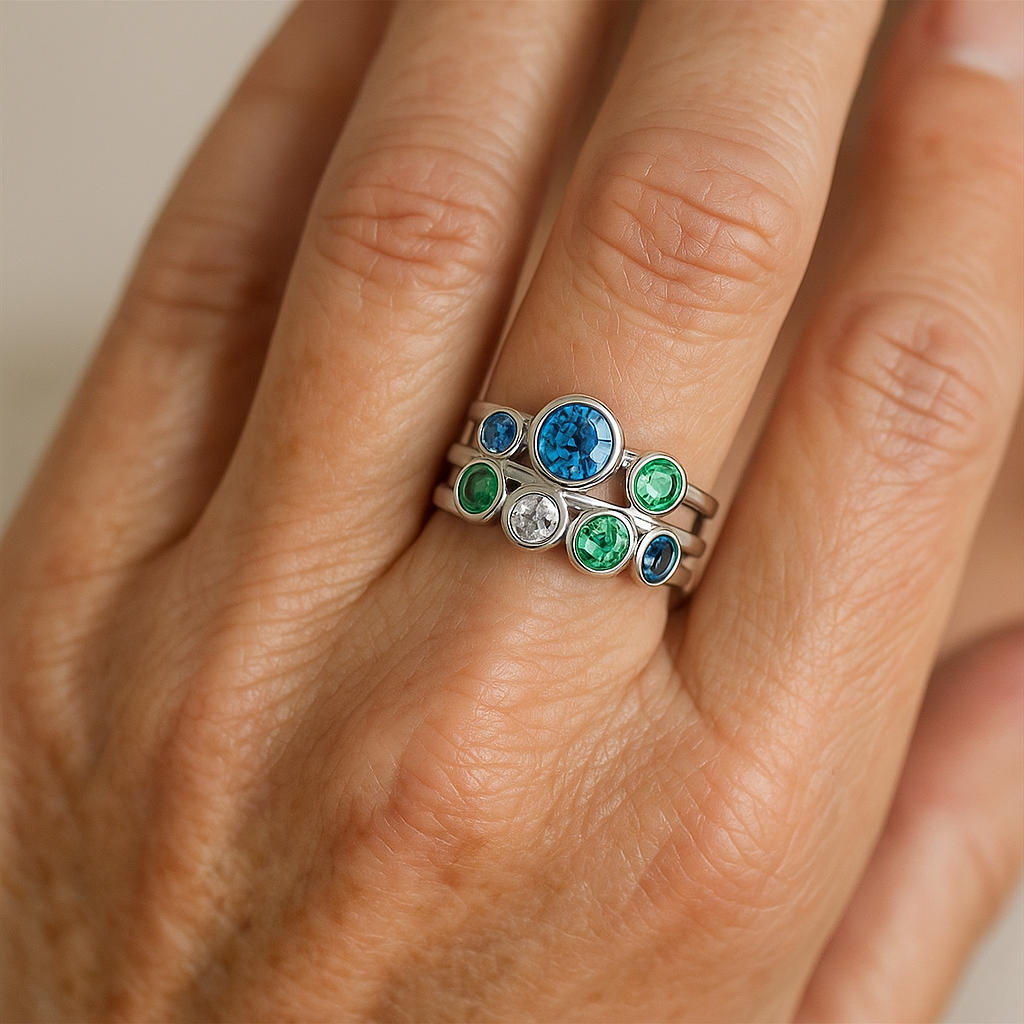 Vintage Silver Layered Ring with Blue and Green Crystals