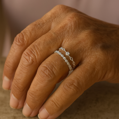 Vintage Silver Floral Crown Ring with Sparkling Crystal