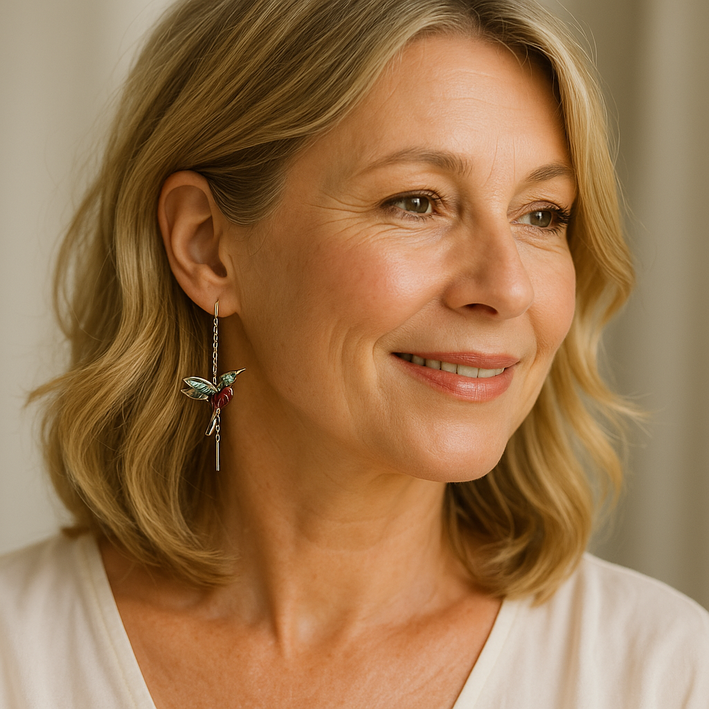 Hummingbird Drop Earrings in Gold with Garnet Crystal