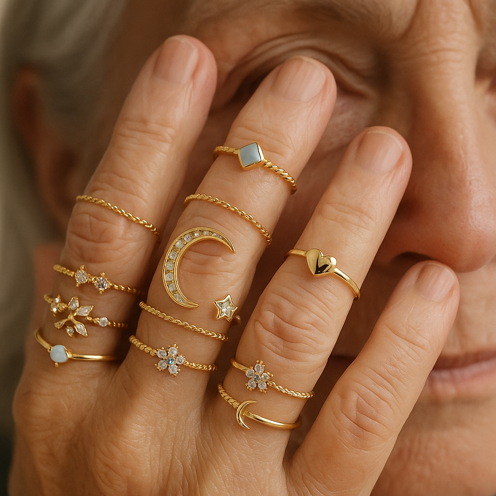 Celestial Moon &amp; Star Bohemian Ring Set in Gold