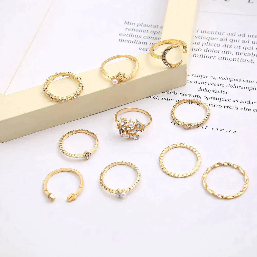 Celestial Moon &amp; Star Bohemian Ring Set in Gold