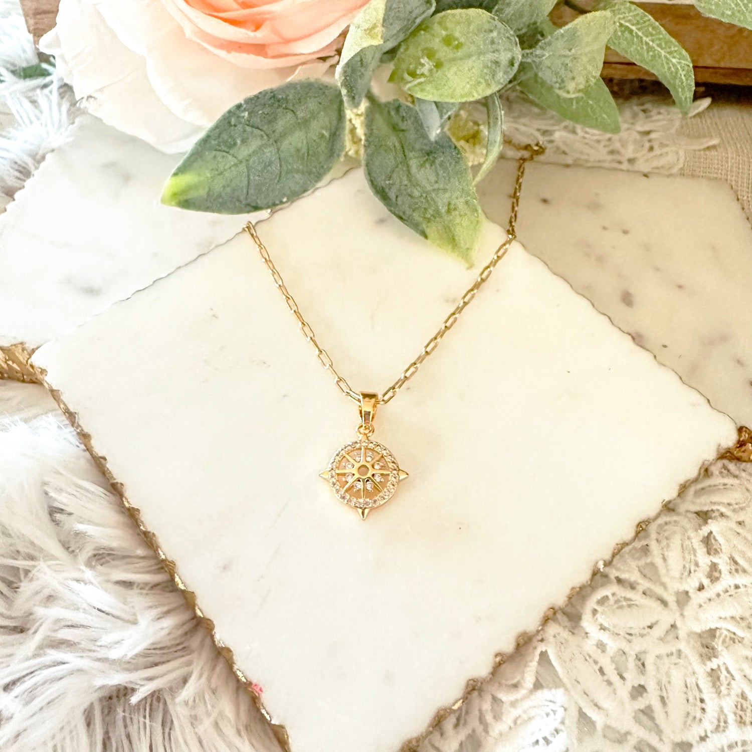 Compass Pendant Necklace in Gold with Sparkling Accents