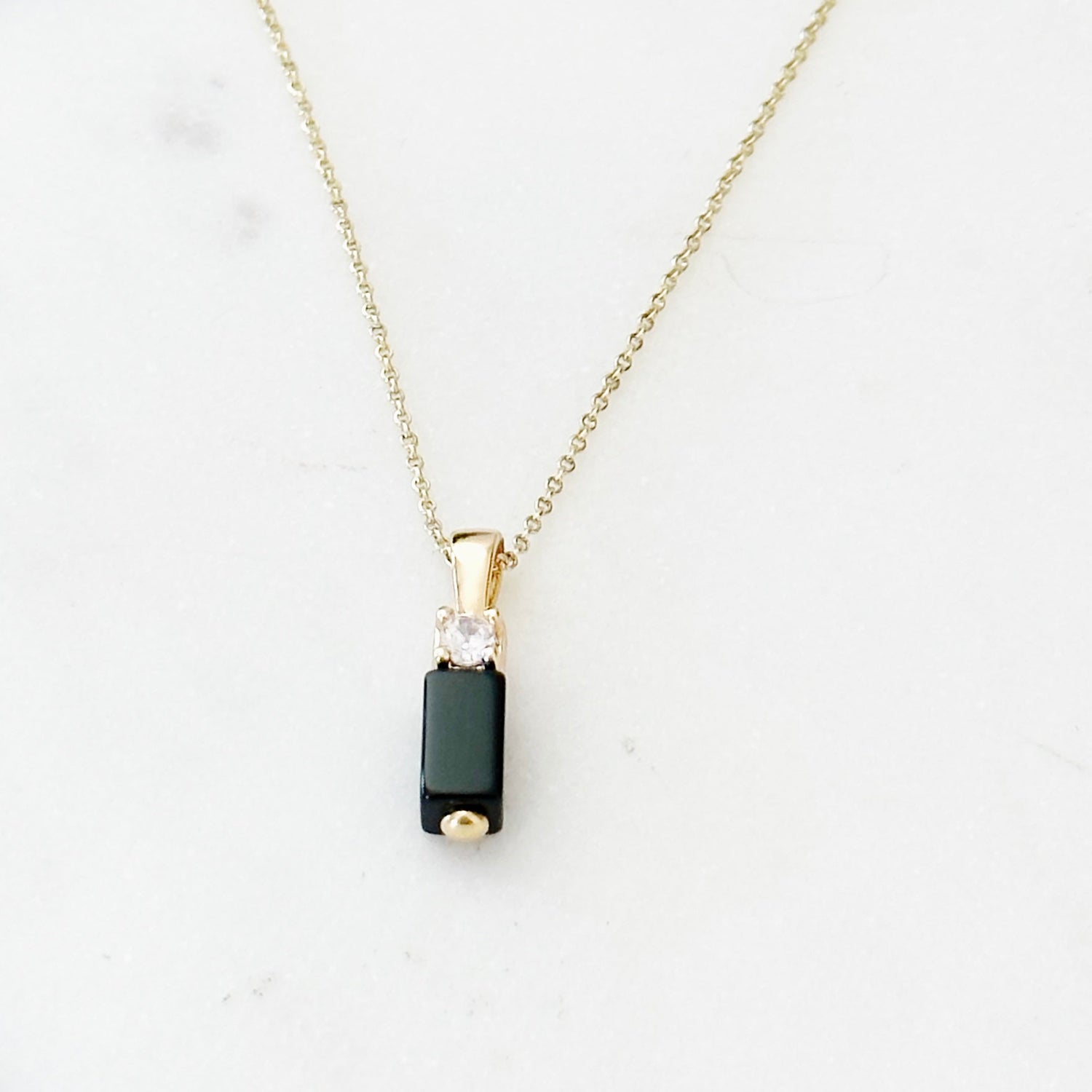 Black Onyx Bar Pendant Necklace in Gold