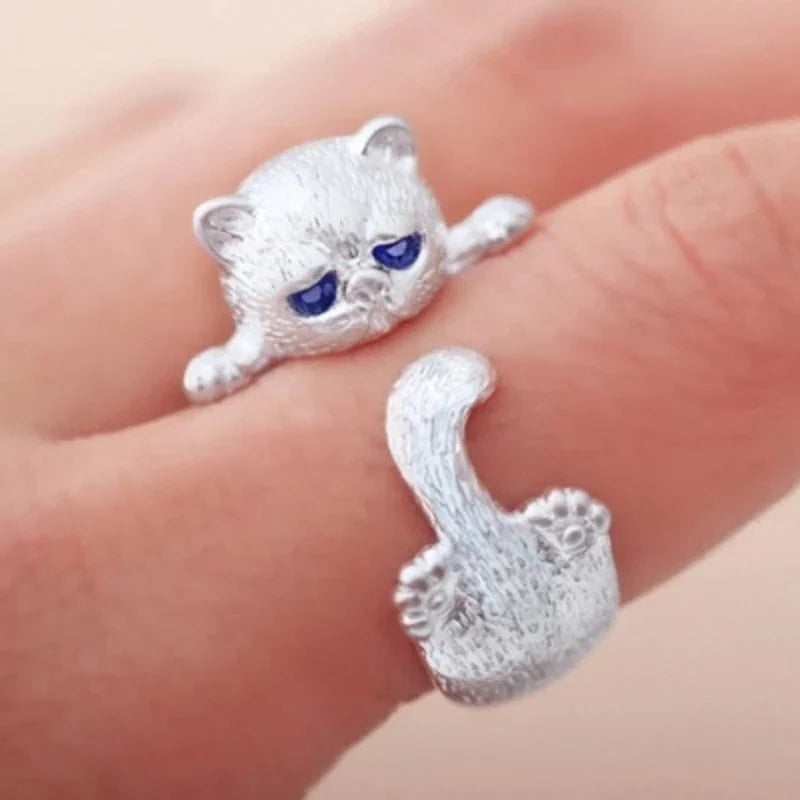 Blue-Eyed Cat Wrap Ring in Silver