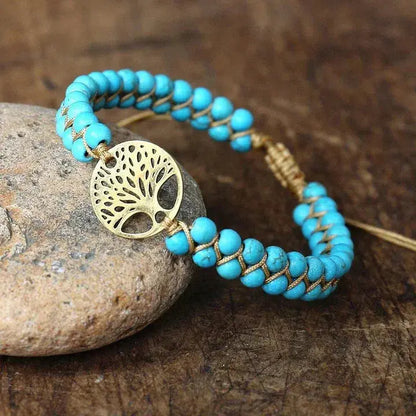 Tree of Life Bracelet with Turquoise Beads in Gold Tone