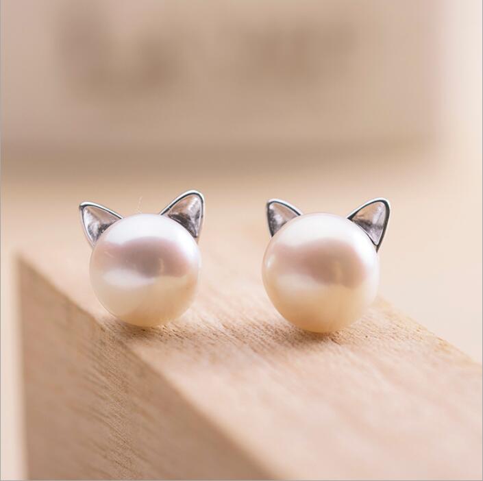 Pearl Cat Ear Stud Earrings with Silver Accents
