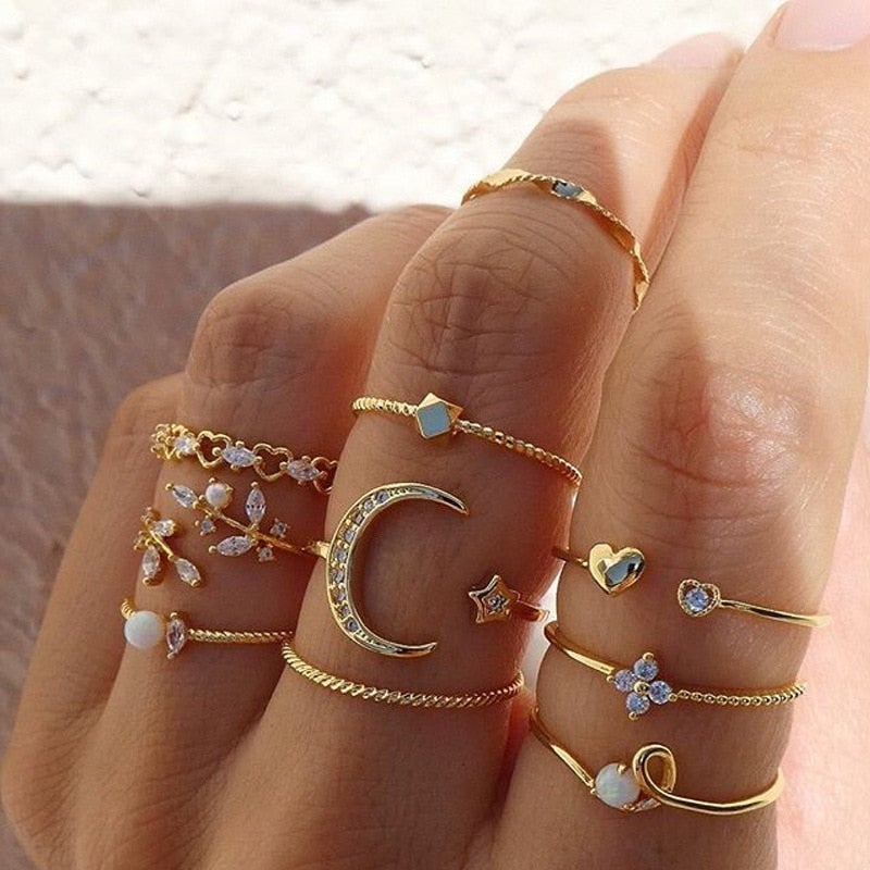 Celestial Moon &amp; Star Bohemian Ring Set in Gold